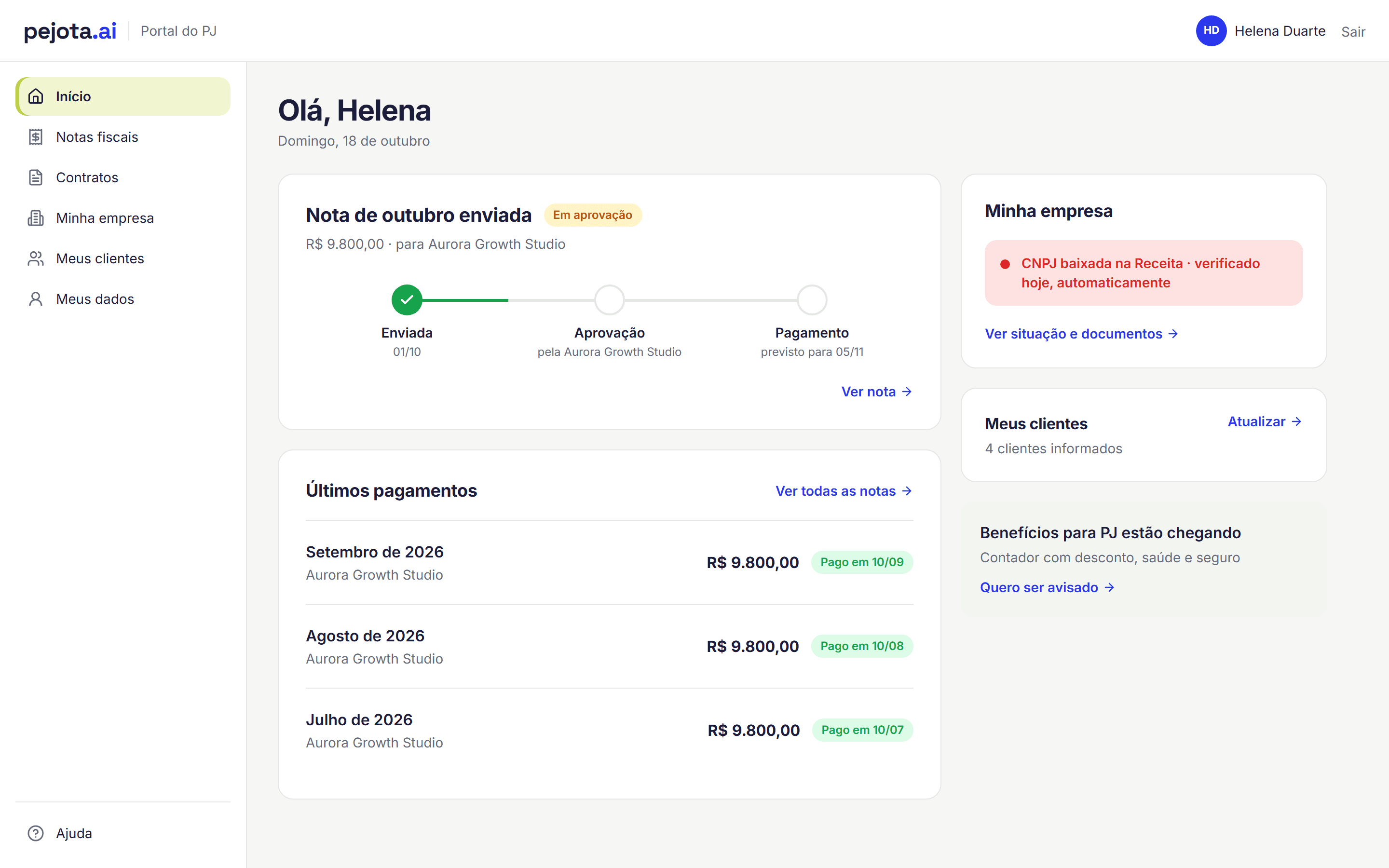 Tela real da Pejota.ai: Portal do PJ · computador
