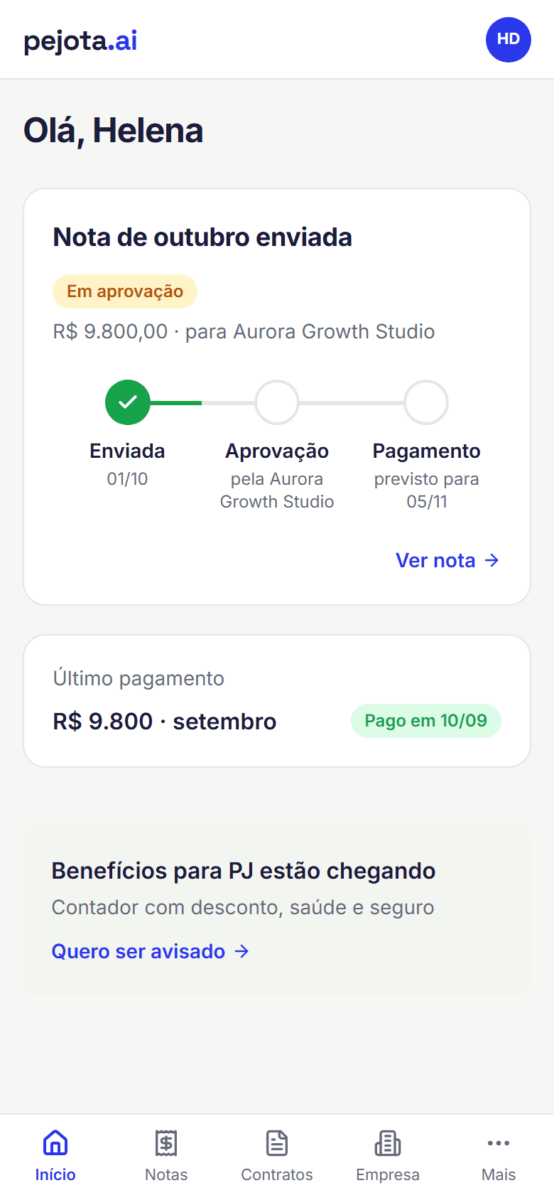 Tela real da Pejota.ai: Portal do PJ · início no celular