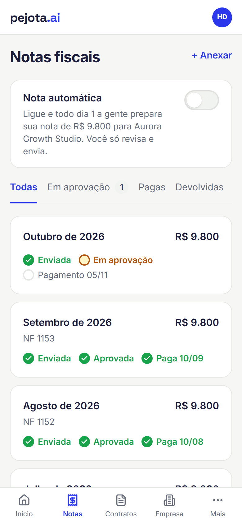 Tela real da Pejota.ai: Portal do PJ · notas no celular